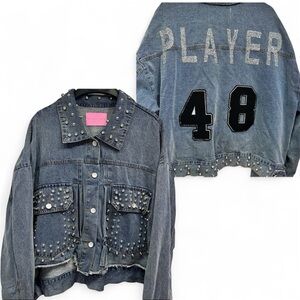 Azalea Wang PLAYER 48 Rhinestone Studded Distressed Denim Jacket 3X Bling HipHop